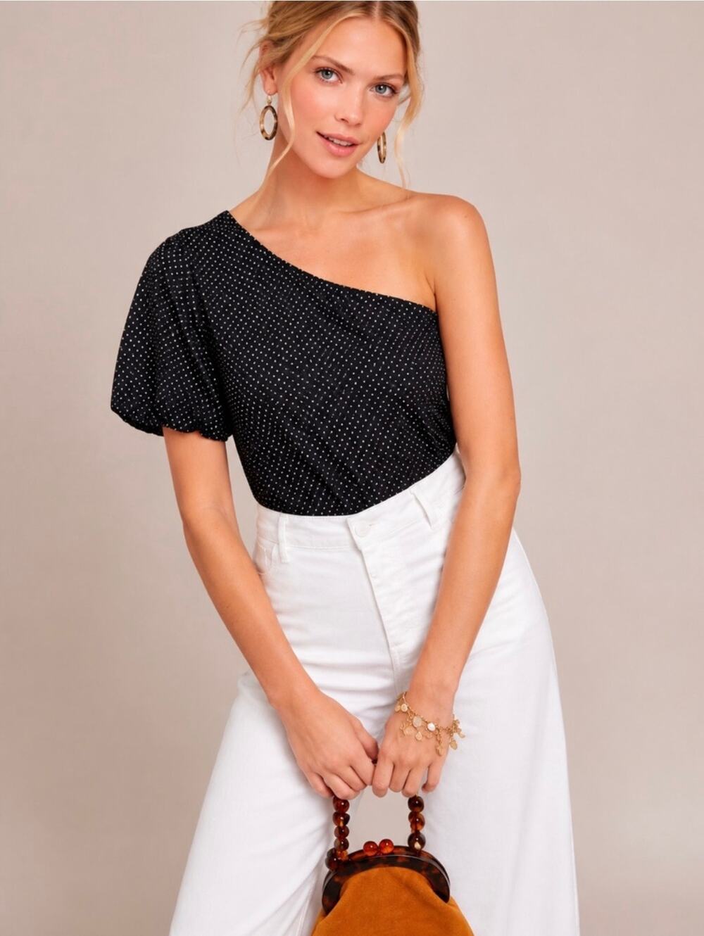 Anthropologie Maeve One Shoulder Top Black White Polka Dot Size Medium